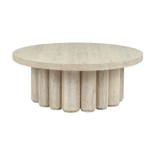 Straight-on wide view showing full round tabletop and multiple fluted base columns in reclaimed oak