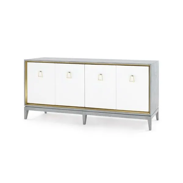 Cameron 4-Door Cabinet with white doors, gold trim, and gray wood frame on tapered legs