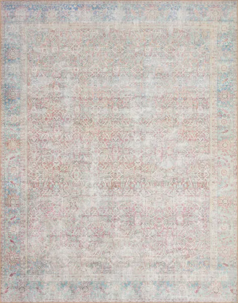 Wynter Red / Teal Rug with faded traditional global pattern in muted reds and teals on ivory background