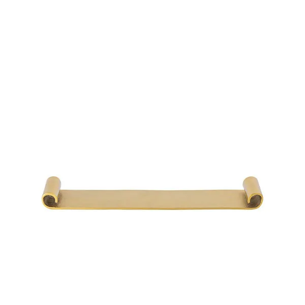 Antique gold aluminium scroll tray with raw brass finish, flat rectangular base and curled ends