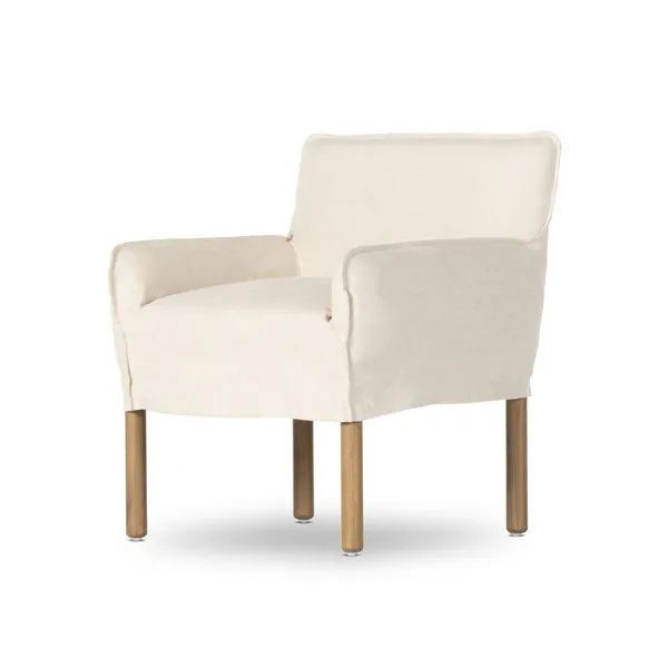 Addington Slipcover Dining Armchair with natural beige Belgian linen upholstery and solid oak legs