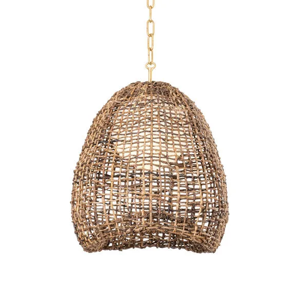 Pendant light with a large translucent opal glass shade wrapped in a natural woven abaca exterior and vintage gold leaf chain