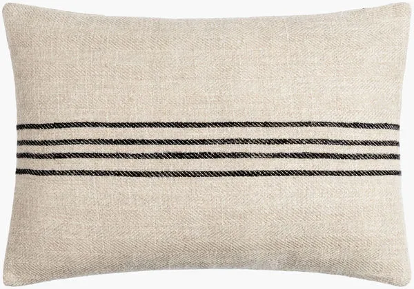 Rectangular lumbar pillow in light brown linen-cotton blend with four bold black horizontal stripes centered