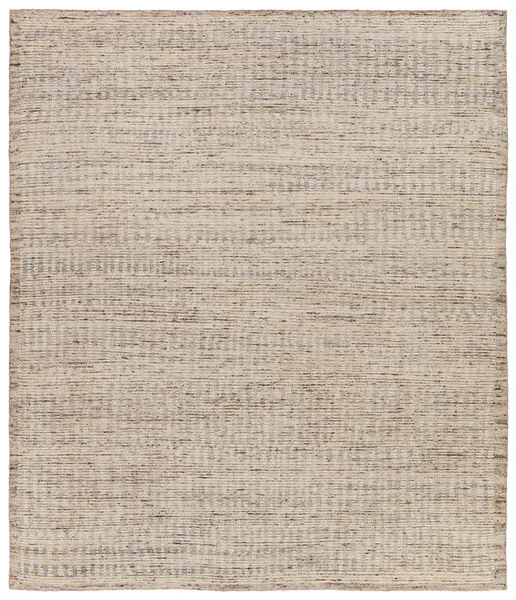 Hand-knotted Camino area rug with subtle perpendicular striped lines in tan, cream, brown, and gray tones