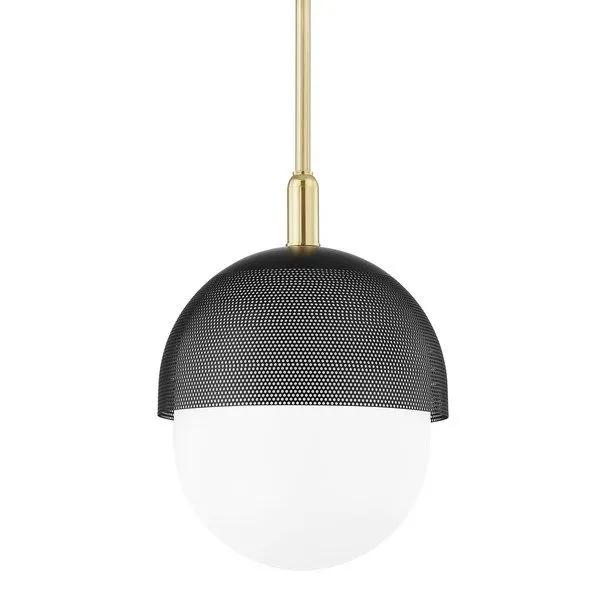 Medium pendant light with perforated black metal dome over white glass globe and brass hanging rod
