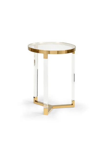Moravian Side Table with clear acrylic legs, clear tempered glass top, and polished brass iron edging and base