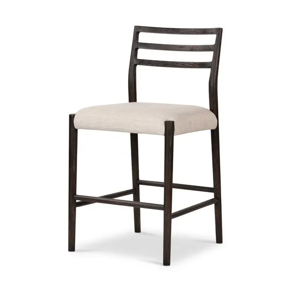 Ladderback counter stool in smoked oak with a squared natural light cotton- and linen-blend seat