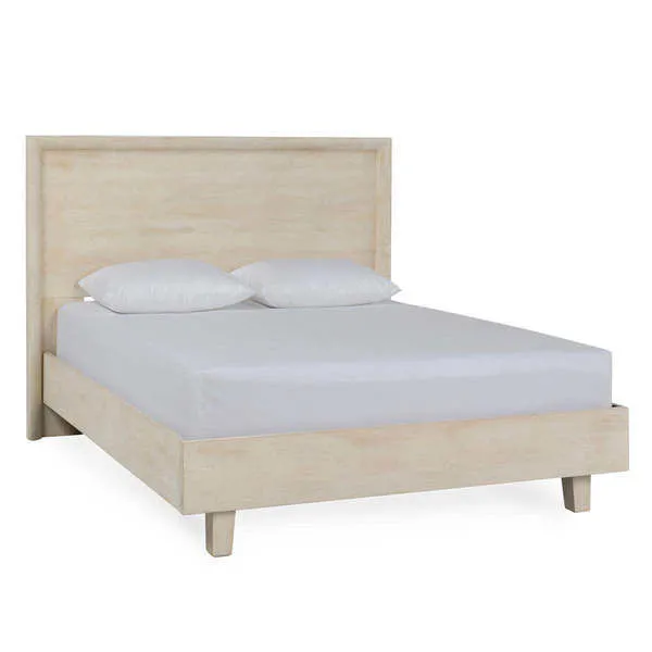 Reece Bed with classic lines, light mango wood finish, simple frame, neutral color with white mattress and pillows