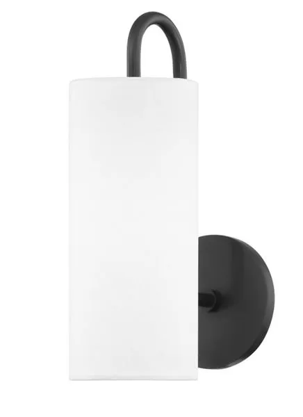 Freda 1 Light Wall Sconce with elongated white linen shade, curved black metal neck, and round black wall plate