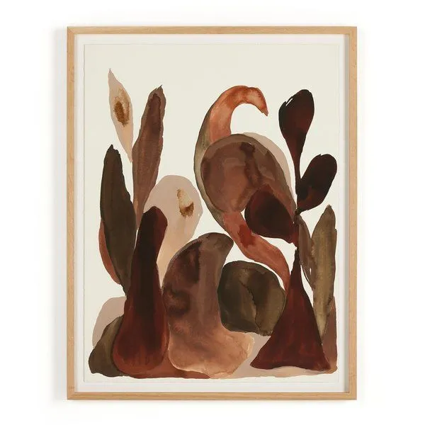Abstract painting with organic, curved shapes in warm brown tones framed in light wood