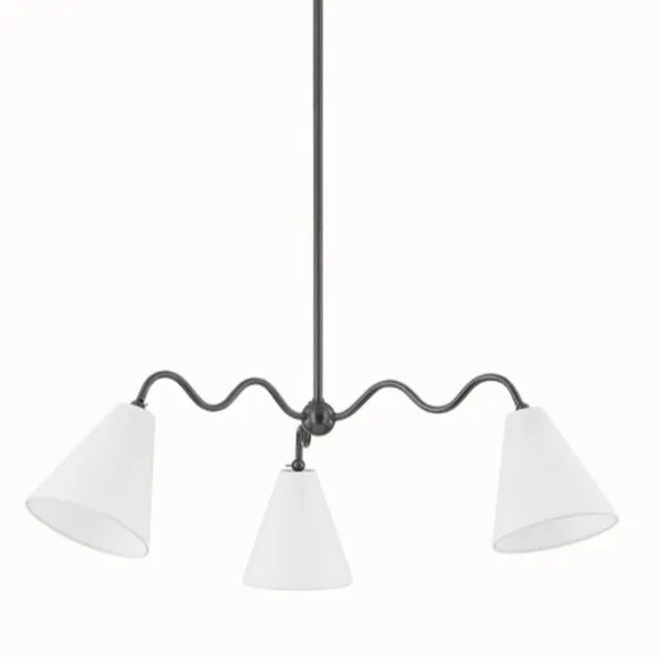 Onda chandelier front view with three white linen shades and black squiggly arms on white background