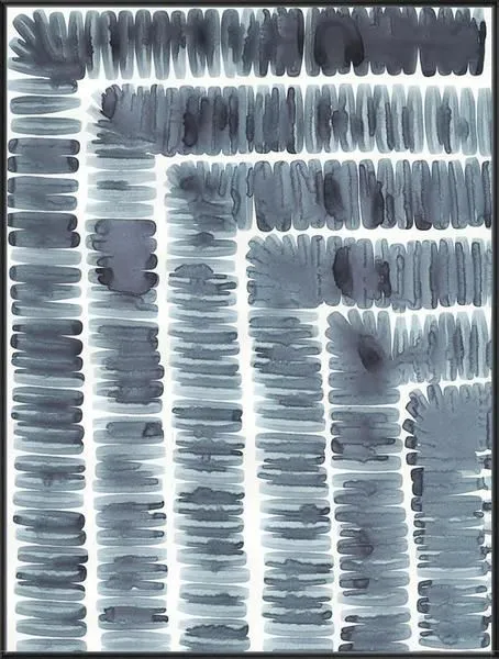 Abstract painting with layered horizontal and vertical blue-gray brush strokes creating a textured grid pattern