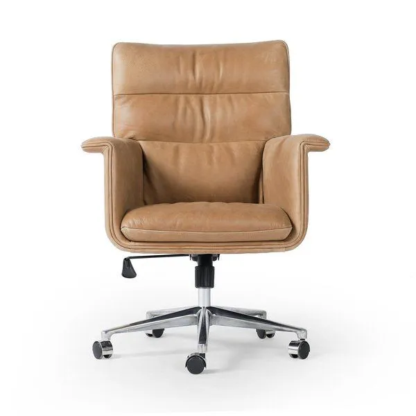Humphrey Desk Chair with light tan top-grain leather, cushioned back and seat, armrests, polished aluminum base, caster wh...