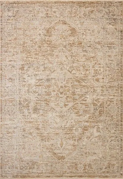 Traditional taupe and dove area rug with faded classic floral medallion design and soft beige background