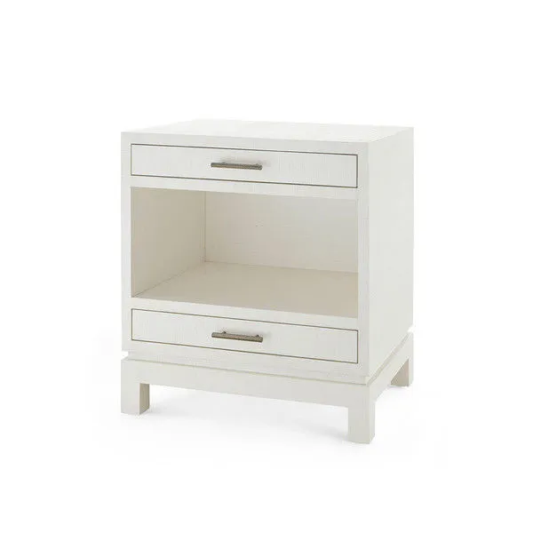 Florence 2-Drawer End Table in sand white finish with open shelf and metal drawer pulls