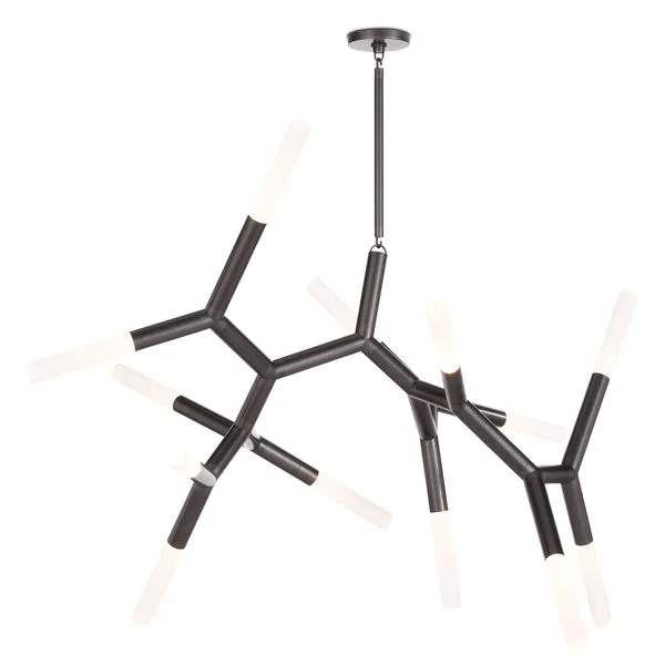 Traveler Chandelier Large with multiple black metal branches and frosted acrylic bulb covers in a dynamic sculptural form