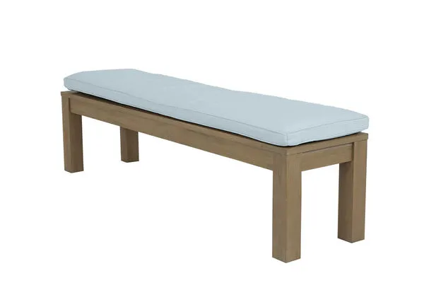 Coastal Teak Dining Bench with warm grey teak wood frame and light blue cushioned seat, sleek angular lines