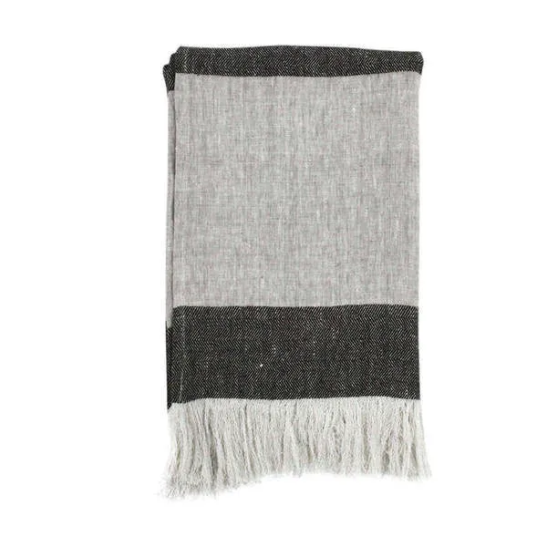 Folded TC Linen Cotton Blend Throw Blanket with wide black and gray stripes and white hand-knotted fringe