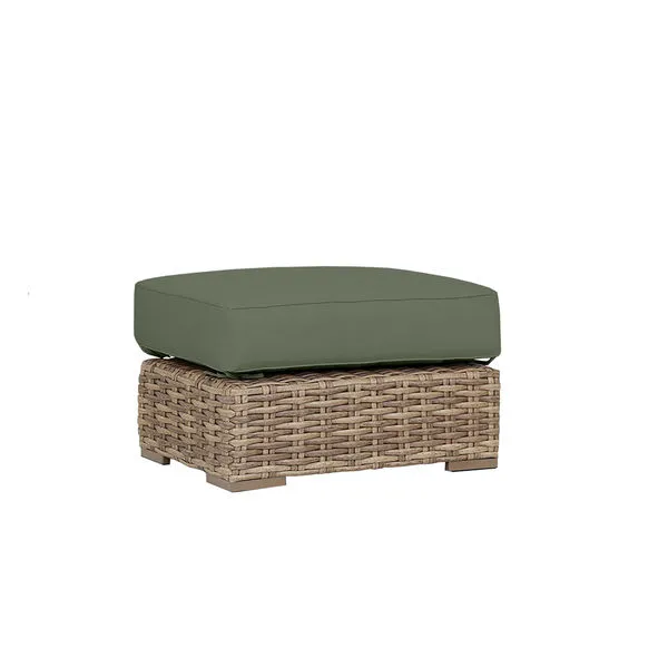 Outdoor Havana Ottoman with all-weather woven wicker base in aged tobacco and green cushioned top