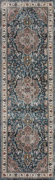 Full vertical view of Samra Slate Multi Rug runner with repeating medallion motifs and floral accents
