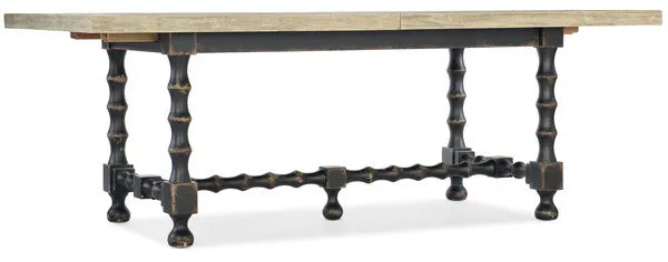 84-inch Ciao Bella trestle table with flaky white wood top and hand-chiseled black turned legs base