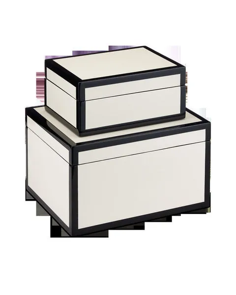 Set of two nesting lacquered wood boxes in ivory with glossy black trim