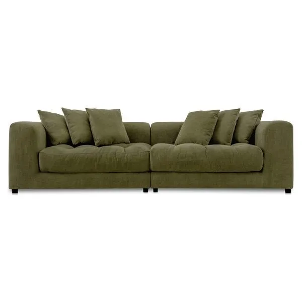 Davie Olive Sofa with deep seat, tufted cushions, six loose back pillows, and velvety chenille upholstery in olive green.