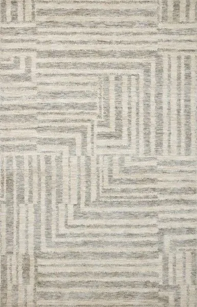Yeshaia Oatmeal Silver Rug with muted tones and architectural linear pattern in light gray and off-white