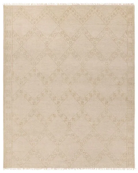 Gray handknotted rug with a geometric diamond pattern in cream and tan, featuring fringe on both ends