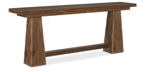 Worn Saddle driftwood flip-top console table with narrow rectangular expandable top and pedestal base
