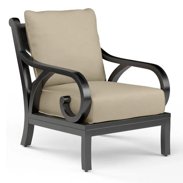 Monterey Club Chair with curved armrests, espresso powder-coated aluminum frame, and linen stone cushions