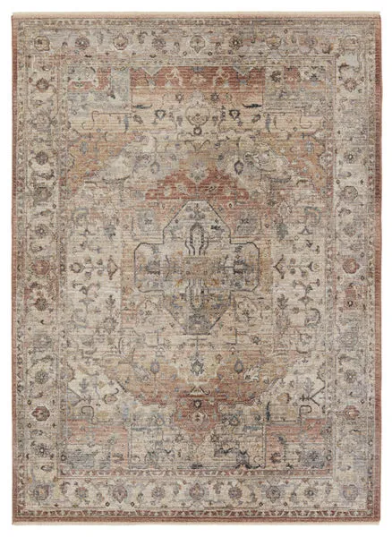 Traditional Starling Medallion rug with tan and pink space-dyed polyester, ornate detailed design with natural hues