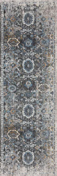 Narrow runner style of Samra Grey Multi Rug highlighting detailed central medallion and symmetrical design in vertical layout