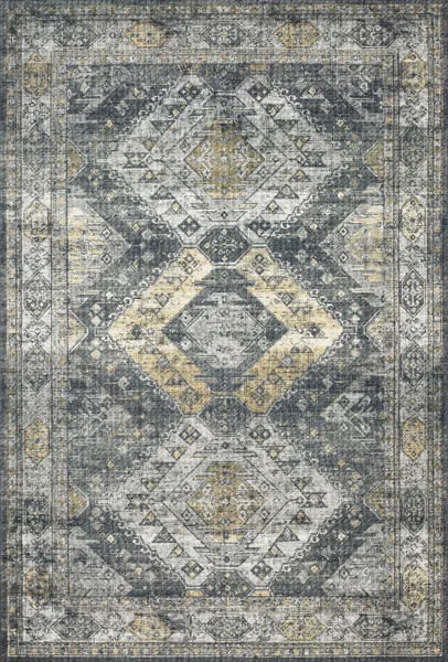 Skye Graphite and Silver traditional power-loomed rug with geometric diamond and medallion pattern in gray and muted yello...