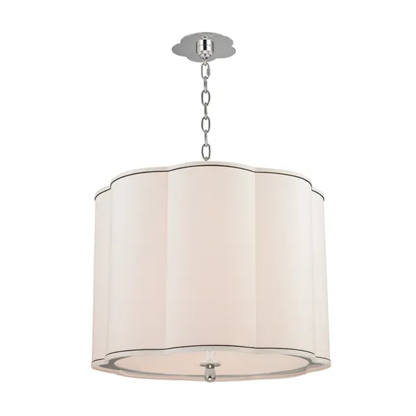 Navy blue pinstriped fabric pendant with soft curved shade, plate glass diffuser, and chrome chain suspension