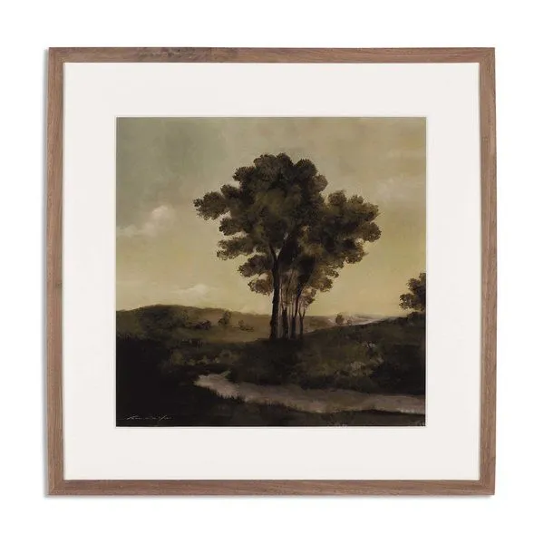 Rustic walnut-framed painting of vintage landscape with tall trees, cloudy sky, and muted earth tones