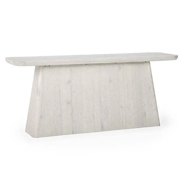 Orlando Console Table in white oak finish with a bold trapezoidal pedestal base and a smooth rectangular top