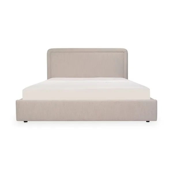 Simon Storage Bed with rounded headboard and piped detailing, upholstered in flecked beige polyester