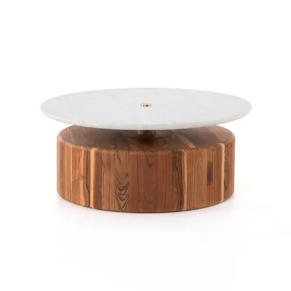 Round coffee table with thick natural reclaimed teak base and floating honed white marble top connected by brass hardware