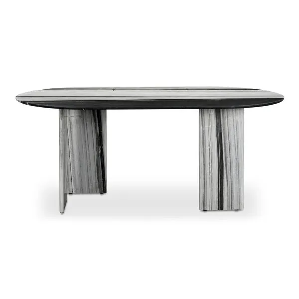 Celia Oval Dining Table with expressive panda marble featuring an oval top and solid rectangular pillar legs