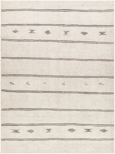 Rivi Ivory/Black Machine Woven Rug with ivory background and black horizontal stripes and geometric accents