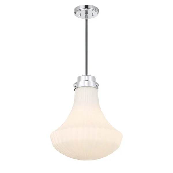 Bartlet pendant hanging from ceiling mount with glowing white ribbed glass shade and chrome finish viewed from below