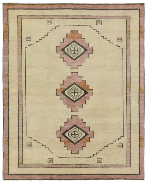Hand-knotted Kyrenia medallion rug in pink, cream, and gray with geometric border, 18x18 inches.