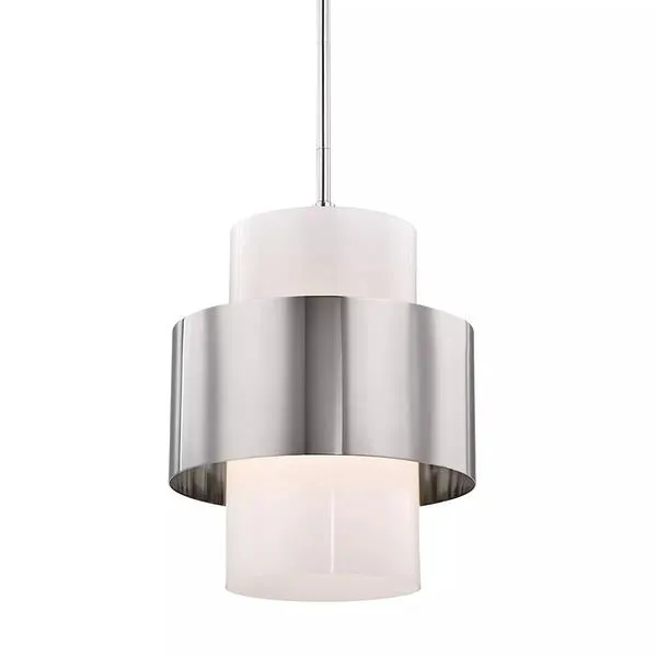Corinth large pendant with white cylindrical diffuser and offset polished metal band