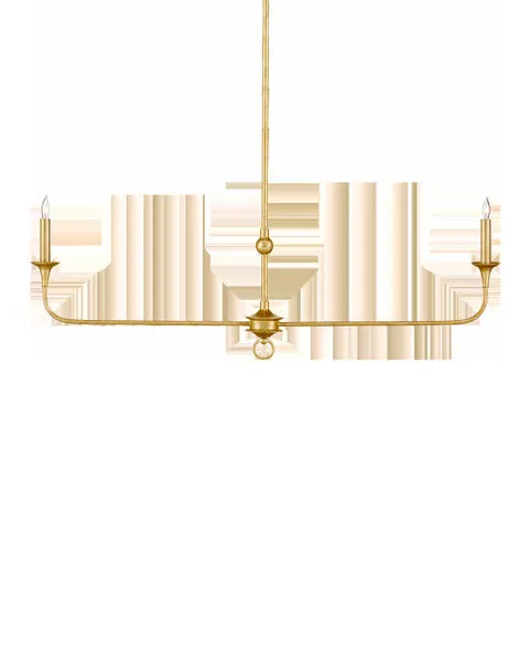 Nottaway Linear Gold Chandelier with long graceful arms, small central cog, bottom ring, and gold leaf finish