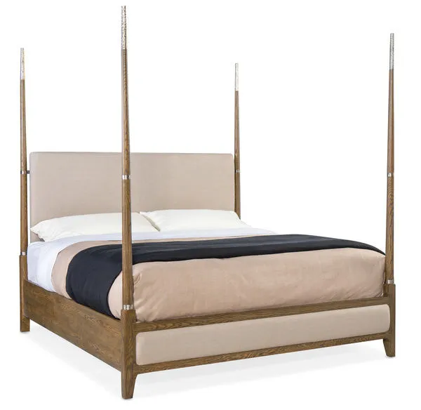 Chapman King Four Poster Bed with taupe upholstered headboard and footboard, slender pewter-accented posts, white oak vene...
