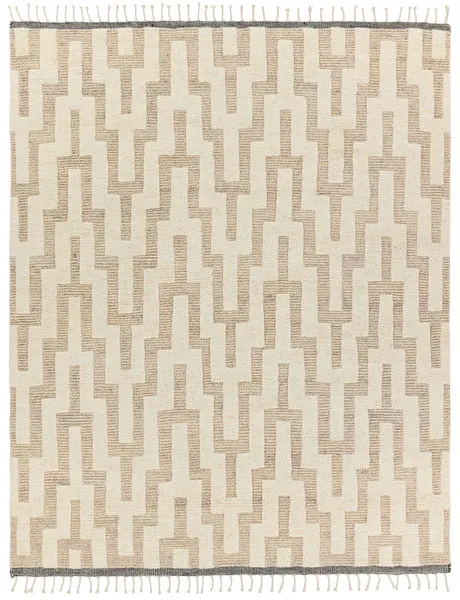 8x10 foot Emre rug with cream and tan hand-knotted chevron pattern and fringe edges