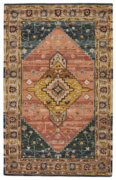 Hand-tufted traditional rug with vibrant medallion in dusty pink, yellow, brown, and deep blue-green