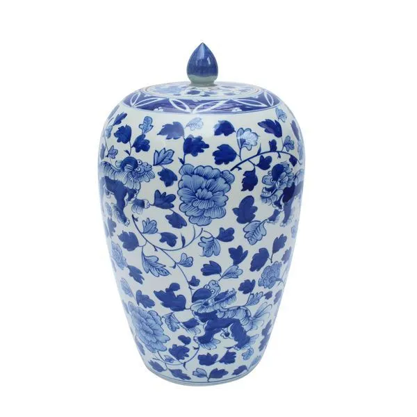 Product Image 1 for Blue & White Foo Dog Peony Lidded Ginger Jar from Legend of Asia