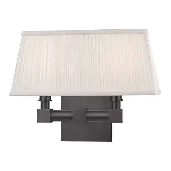 Dixon 2 Light Wall Sconce with rectangular white fabric shade and dark metal rectangular base and arm